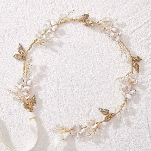 Wedding Headband Flower Leaf Bridal Hair Accessory for Brides Pieces Gold main image 2